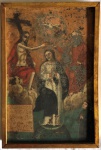 Antiga pintura europeia, óleo sobre placa de flandres "Coração de Nossa Senhora" medindo 29 x 19,5 cm. Necessita de restauro.