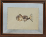 R. Richter - "Peixe", técnica mixta sobre cartão, assinado c.i.d. e datado de 83. Medidas, 23 x 33 cm, emoldurado com vidro, 40 x 49 cm.