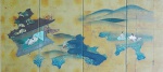 Pequeno biombo em quatro folhas ou quadro articulado em quatro folhas representando pintura oriental sobre papelão, medindo 61 x 123 cm.