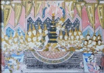 Pintura indiana emoldurada policromada com dourado em eucatex sobre madeira medindo 59x82cm. Medida total: 74 x 97 cm. Está soltando da moldura.
