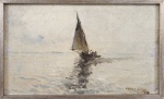 CASTAGNETO - Giovanni Battista Felice Castagneto (1851/1900). "Barco", óleo sobre madeira, assinado no c.i.e., datado de 79, medindo 13x21cm sem moldura e 44x53cm com moldura.
