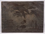 POTY - Napoleon Potyguara Lazzarotto (1924/1998) - " O papagaio rezador" talha / matriz em madeira para Impressão de xilogravura - gravuras estas feitas para ilustração do calendário da Shell, Lendas Brasileiras de 1966.( Peças de coleção, apresenta marcas do uso e tempo).Medidas 41x54 cm.