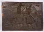 POTY - Napoleon Potyguara Lazzarotto (1924/1998) - "Tatu Mulita " talha / matriz em madeira para Impressão de xilogravura - gravuras estas feitas para ilustração do calendário da Shell, Lendas Brasileiras de 1966.( Peças de coleção, apresenta marcas do uso e tempo).Medidas 41x54 cm.