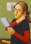 ADILSON SANTOS (Poções, BA, 1944 ). " Menina segurando o cabelo", óleo sobre mdf medindo 48x35cm sem moldura e  88x73 cm com moldura . Assinado.