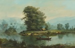 BENEDITO CALIXTO (Itanhaem, SP,1853  São Paulo, SP, 1927). "Paisagem com rio", óleo s/tela, 33 x 55 cm. Assinado no CID. Emoldurado, 63 x 83 cm.