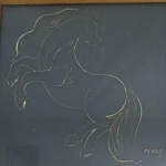 ORLANDO TERUZ. (Rio de Janeiro, 1902 - 1984). "Cavalo", vidro riscado s/eucatex ( era a porta do atelier do Teruz no Leblon), 49,5 x 50 cm.