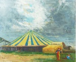 RICARDO NEWTON (1950). "O Circo Chegou", óleo sobre tela medindo 50 x 60 cm. Assinado no c.i.e. e intitulado e assinado no verso. Sem moldura.