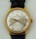 Relógio de pulso masculino, Jaeger LeCoultre Automatic, caixa em ouro amarelo 18k med 30 mm, pulseira em couro, marcador de data.