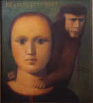 REYNALDO FONSECA (1925/2019) - "Menina com macaco", raro óleo sobre tela assinado e datado no c.s., 1983, acompanha cachê da Galeria e Molduraria Jan. Medida: 46 x 38 cm (medida com moldura: 66 x 59 cm).