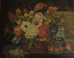 Escola européia: óleo sobre tela representando natureza com flores e frutos, autor não identificado, assinatura não localizada, medindo 63x80cm (medida com moldura: 82x98cm).