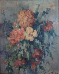 MANOEL SANTIAGO (1897/1987) - "Flores" óleo sobre madeira assinado e datado no c.i.d., 1950, medindo 41 x 33 cm. Medida com moldura: 71 x 63 cm. Assinado também no verso.