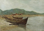 VIRGILIO LOPES RODRIGUES (Recife PE 1863 - Rio de Janeiro RJ 1944). "Canoas na praia", óleo sobre tela medindo 53 x 73 cm. (restaurado). Assinado no c.i.e. Sem moldura.