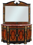 Imponente dunquerque e espelho estilo "Boulle", ricamente trabalhado e guarnecido em bronze com 4 gavetas e 4 portas. Tampo em mármore duplo rosa.Medidas 47 x 193 cm Alt. 108 cm.