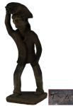 ARTE POPULAR. J.A.S.- Goiana. Escultura em barro representando Retirante carregando saco na cabeça. No estado(marcas do tempo).  Alt. 27cm .