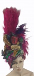 Adereço de cabeça para Carnaval estilizado Carmen Miranda com aplicações de paetes, miçangas, plumas e pedras em diversas cores . Pertenceu a Casa de Show Plataforma. No estado. Alt. 40 cm.( NÃO ACOMPANHA O MANEQUIM)