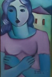 HUMBERTO DA COSTA (Rio de Janeiro, 1941). "Figura Feminina com Casario", óleo s/tela, 25 x 17 cm. Assinado e datado no CID, 76 e no verso com dedicatória. Emoldurado, 50 x 42 cm.