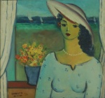 Humberto da Costa - "Mulher na janela", óleo sobre tela, assinado c.i.e. e datado de 83. Medidas tela, 27 x 29 cm, moldura, 51 x 53 cm.