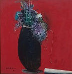 MANABU MABE.  (Japão, 1924 - São Paulo, 1997). " Vaso de Flores", óleo s/tela, 51 x 51 cm. Assinado e datado, frente e verso,  1983. Emoldurado, 78 x 78 cm.