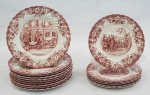 Conjunto de pratos de porcelana inglêsa da marca  COACHING SCENES - JOHNSON BROS  , decoração na tonalidade rosa, composto de 10 pratos para sobremesa ( 20 cm)  e 6 pratos para bolo (17 cm.). Total 16 peças.