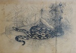 OSWALDO GOELDI. "Cobras e vegetação", desenho em nanquim s/papel,  25 x 35 cm . Assinado no CID. Emoldurado com vidro, 40 x 51 cm  (O papel apresenta marca de dobra e manchas).