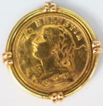 Moeda de ouro 20 Francos Suíços, datada de 1949, encastroada, peso total 9,9 gr