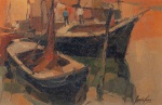 GERALDO CASTRO."Barcos", óleo s/tela colado em madeira, 20 x 30 cm. Assinado no cid. Emoldurado, 42 x 52 cm. (05104)
