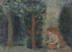 ALDO BONADEI (1906 - 1974). "Menina Colhendo Maçã", óleo s/cartão colado s/madeira, 20 x 27 cm. Assinado no CIE e datado, 1944. Emoldurado, 46 x 53 cm. (2378)