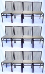 JOAQUIM TENREIRO (1906/1992)- conjunto com 12 cadeiras modelo estrutural, retratada no livro do artista, em lindo jacarandá baiano com elementos roliços, 15 varetas e assento em grosso tecido cinza