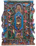 ROMILDO DE ANDRADE .  Talha em madeira de demolição esculpida e policromada representando Cena Bíblica, 104 x 77 cm. Assinada.