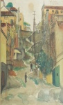 PAULO HIROTA."Paisagem Urbana", aquarela, 40 x 32 cm.  Assinado e datado no CSD, 12-12-1945. Emoldurado com vidro, 55 x 47 cm.