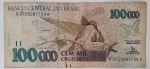 CEM MIL CRUZEIROS, 1992-1993, papel-moeda bem conservado com leve amarelamento. No anverso: Ilustração de um beija-flor. No reverso: Cataratas do Iguaçu. Zona de marca d'água à direita. Marca d'água: efígie da república.