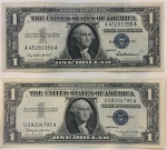Lote contendo duas cédulas, ONE DOLLAR , 1957, Número de série: A45281356A e U09334795A