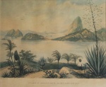 Litogravura antiga colorida. "Entrance of Harbour of Rio de Janeiro& Sugar Loaf Rock", medindo 32 x 38 cm. Emoldurada com vidro, 42 x 48 cm. No estado (manchas do tempo).