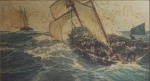 Reprodução . "Marinha com barcos a vela", medindo     x     cm. Emoldurado com vidro, 50 x 84 cm. No estado ( gravura com manchas do tempo e moldura com lascados).