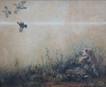 ISABEL GOES.(Portugal)." Paisagem com cachorro e pássaros", aquarela s/papel. 46 x 56 cm. Assinada. Emoldurada com vidro, 50 x 60 cm.
