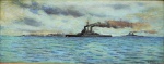 VIRGILIO LOPES . " Fragata e Corveta de Guerra no Mar" , óleo sobre madeira, assinado e datado no CID, medindo 24 x 59 cm, medida total c/ moldura 37 x 71 cm.