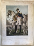 Gravura francesa, colorida - uniformes napoleônicos- Suchet. Dimensões: 58 x 42,5 cm. No estado: papel com manchas escurecidas.