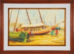 JORGE VIEIRA. "marinha com barco e figuras", óleo s/tela 44 x 69 cm. Emoldurado, 65 x 91 cm. Patrimônio 133943/00208. Estado de conservação bom. SUL AMERICA