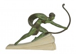 DEMETRE CHIPARUS (ROMANIAN, 1886-1947)  -  'Diana' a Rare Art Deco Spelter Model, circa 1925cast with bow in hand, dressed in costume on a stone base.  Escultura em bronze representando Diana a Caçadora.Base em terracota. Assinada D.H.Chiparus.  Medidas 58 x 83 cm. Reference Chiparus Master of Art Deco' by A.Shayo 1993 page 66.