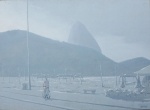ASSINATURA NÃO DECIFRADA - "Cena Urbana, Paisagem de bicicleta por Copacabana". Acrílico s/ tela, 110 x 135 cm. Assinado no CID. No verso, assinado, datado e intitulado. Sem moldura.