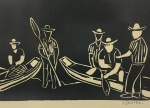 DJANIRA - "Pescadores" - Xilogravura sobre papel, assinada no c.i.d. Meds: s/moldura com paspatur 30,0 cm x 38,0 cm; c/moldura 37,5 cm x 46,0 cm