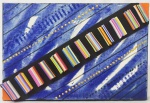PAULO MENDES FARIA. Quadro com colagem em EVA em diversas cores com fundo azul. Medida: 30 x 20 cm. Assinado no verso.