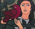 JANUÁRIO - "Mulher com Pássaro". Óleo sobre Eucatex. Assinado, localizado e datado no c.i.d, Rio, 1975. Meds: s/moldura 44,5 cm x 53,5 cm; c/moldura 58 cm x 67 cm