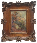 Antonio Rocco (Amalfi, 23 de julho de 1880  São Paulo, 28 de novembro de 1944) - " Paisagem com figura ". Óleo s/tela colado em madeira, 22 x 16 cm. Assinado no CID. Emoldurado, 40 x 35 cm.