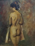 HENRIQUE BERNADELLI. "Nú Feminino", óleo s/tela , 30 x 23 cm. ( tela necessita restauro).Assinado no CID. Emoldurado, 68 x 59 cm.