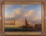 Holanda, século XVIII/XIX . "Paisagem com navios", óleo sobre tela medindo73 x 97cm .. Emoldurado em gesso (no estado com pequenas falhas) medindo 94 x 117 cm.